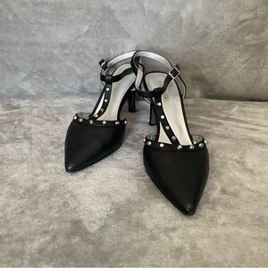 David Tate Valencia Black Leather Slingback Pumps 9 Studded Pointed Toe Heels